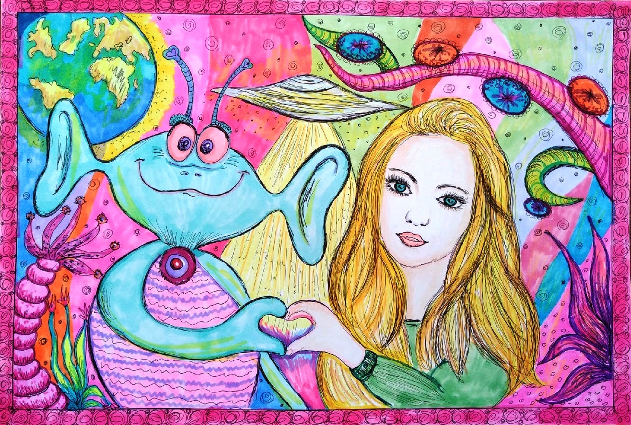 Старшая возрастная категория. Номинация:  «Бескрайняя Вселенная». Название работы: «Мой инопланетный друг».  Кротова Софья. МОУДО «Балабановская ДШИ». Преподаватель: Жукова Т.В.