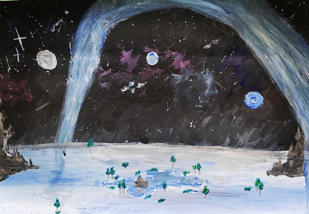 СТАРШАЯ возрастная категория. Номинация "Бескрайняя Вселенная". Шипулина Арина, г.Суворов Тульской обл., МБУДО "ДШИ". преподаватель Хошпармах О.В. "Космический пейзаж"