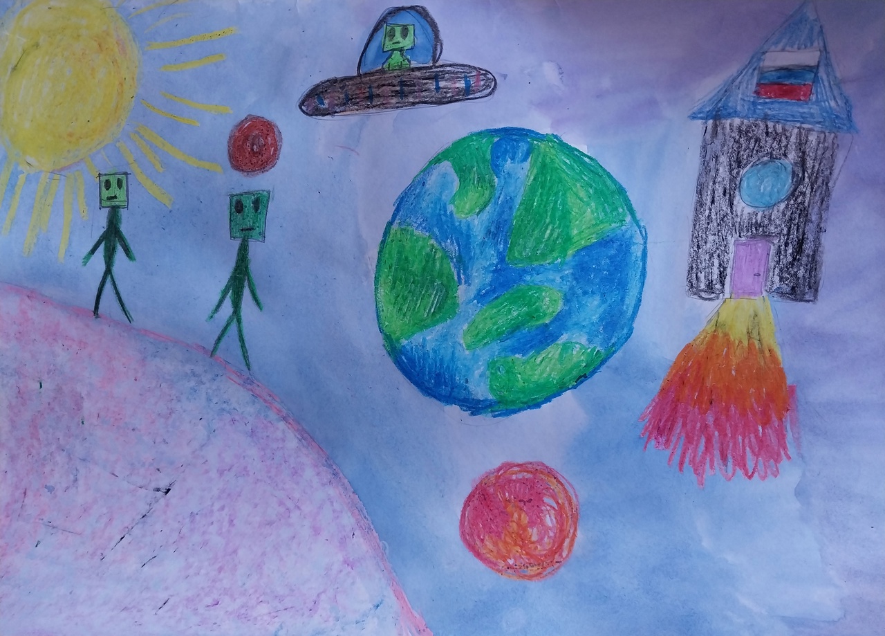 МЛАДШАЯ возрастная категория. Номинация:  «Бескрайняя Вселенная».  Майя Попова. п.Пречистое, МОУ ДМШ. Педагог: Соколова Т.Ю. "Встреча гостей"