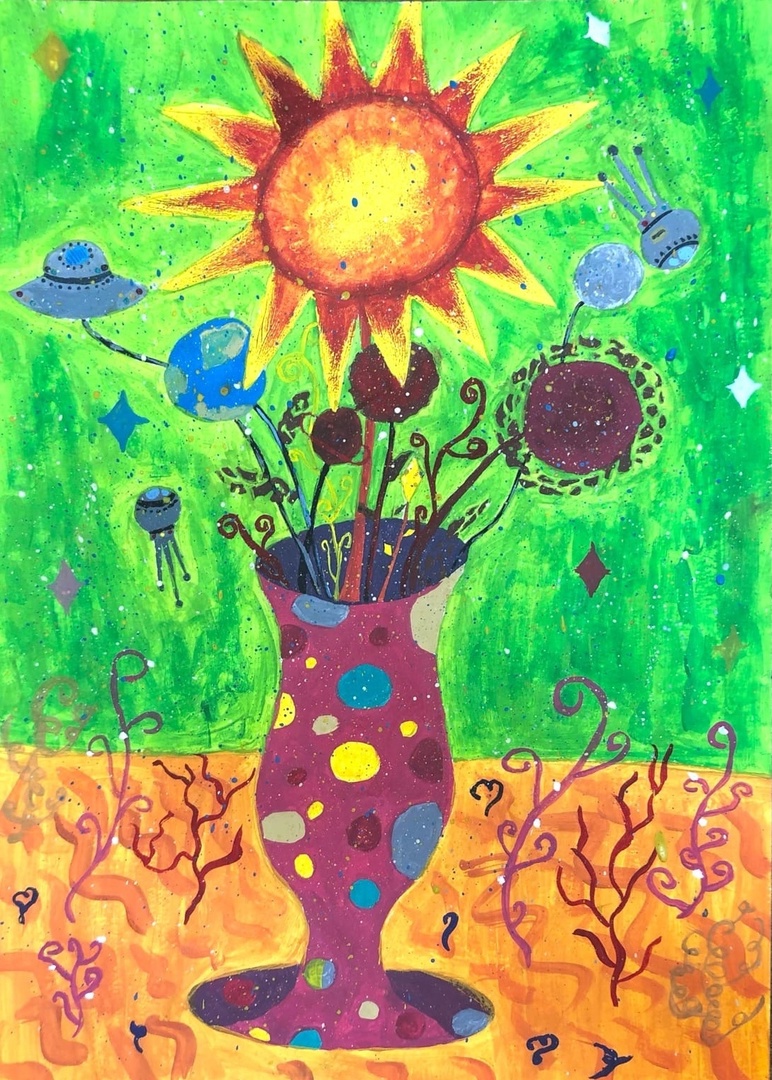 Старшая возрастная категория. Номинация: «Бескрайняя Вселенная». Название работы: «Космический букет». Шелахова Дарья. МОУДО «Балабановская ДШИ». Преподаватель: Жукова Т.В.